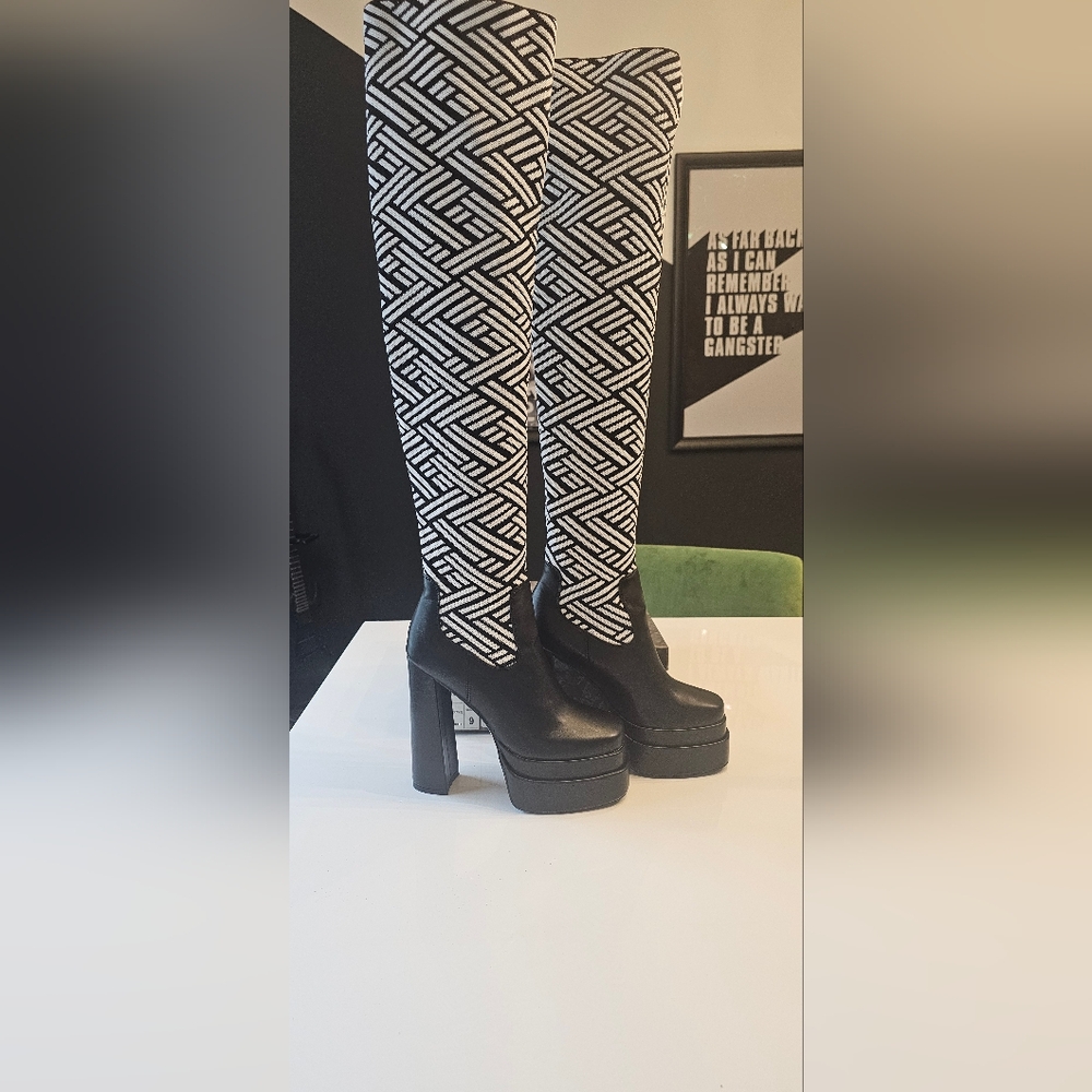 Black Platform Ankle Boots with Geometric Pattern